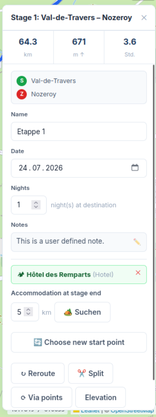 Stage dialog with name, date, nights, notes and accommodation